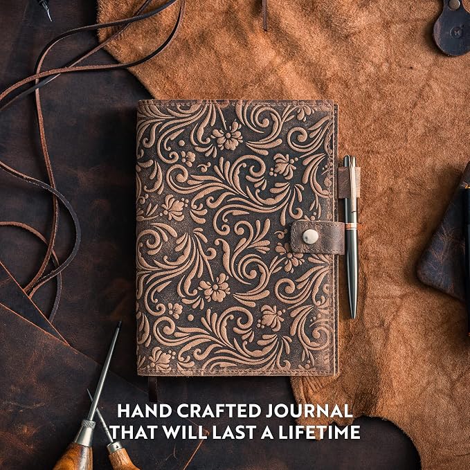 moonster Leather Journals for Women for Writing - Flower Journal, Refillable Leather Bound Journal - Vintage Leather Notebook Journal, 320 Lined Pages A5 with Metallic Grey and Rose Gold Luxury Pen