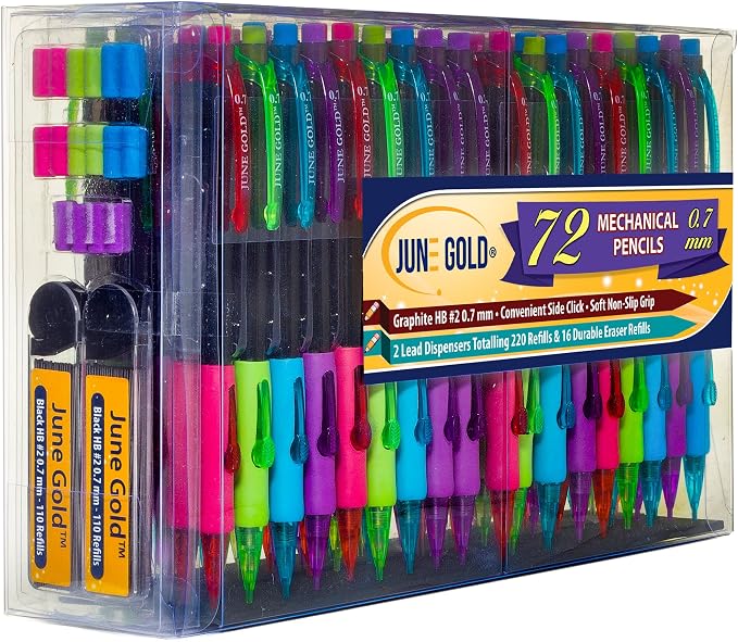 June Gold 72 Mechanical Pencils, 0.7 mm HB #2, 220 Lead & 16 Eraser Refills | 2 Lead Dispensers, Break Resistant Graphite, Convenient Side Click, Soft Non-Slip Grip