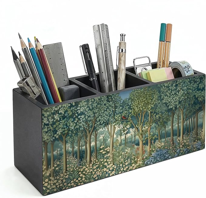 Rustic Green Nature Forest William Morris Inspired Wooden Pencil Pen Holder for Desk Organizers and Accessories, Cottagecore Forest Botanical Wildflower Makeup Brush Holder Organizer