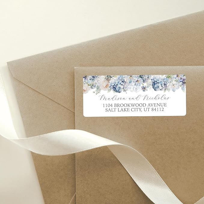 Return Address Labels Personalized with Your Choice of 30 Flower Styles - Choose Font and Font Color or Add Custom Text - Perfect for Wedding Envelopes (022 Blue and White Flowers)