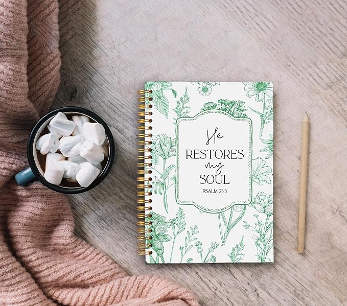 Christian Notebook for Women, Christian Gifts Journal, Prayer Journal for Women, Bible Journaling Notebook, PSALM 23:3 He Restores My Soul Floral Spiral Notebook 5.5x8.3