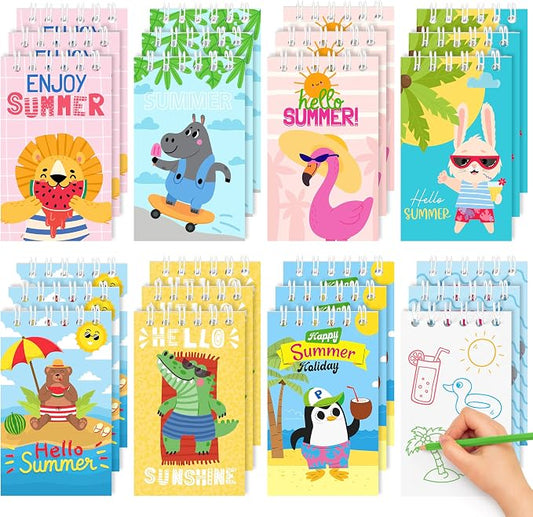 24Packs Hello Summer Mini Notepads Cute Cartoon Animal Spiral Notebooks Pocket Journal Memo Pads for Hawaii Beach Themed Birthday Gifts Goodie Bag Stuffers Office School Classroom Rewards