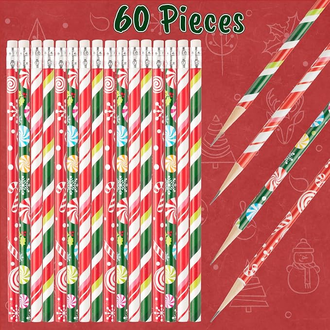 Xqumoi 60Pcs Christmas Pencils with Eraser - #2 HB Xmas Candy Cane Red Green Wood Pencils, School Classroom Student Rewards Office Supply Holiday Goodie Bag Fillers Stuffers Party Favors Gift