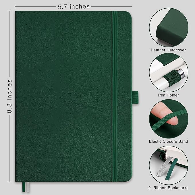 RETTACY Graph Grid Paper Notebook, 192 Pages, A5 Size (5.7'' x 8.3'') | 5 Squares per Inch, Leather Hardcover, 100 GSM Thick Paper, for School, Students, Math, Engineering (Dark green)