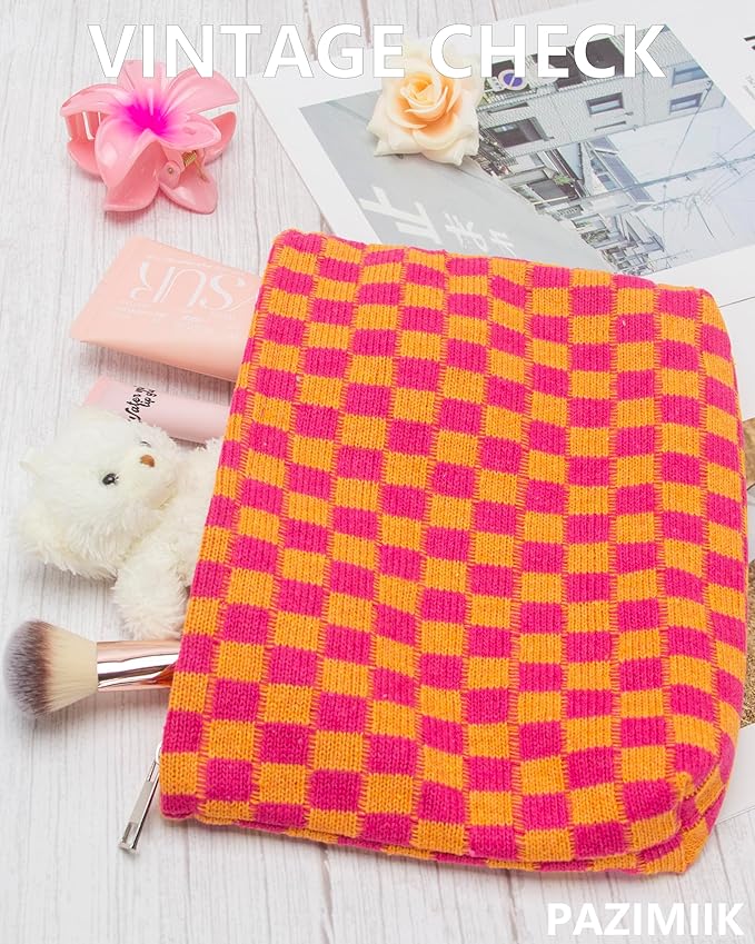 Checkered Makeup Bag for Purse, Small Flat Cosmetic Pouch,Red Orange | Cute Zipper Makeup Organizer for Women, Travel Essentials, Toiletries, Makeup Brushes, Beauty Accessories&Bridesmaid Gifts