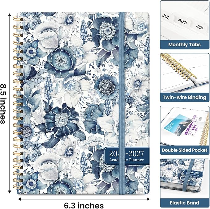Planner 2026-2027, Academic Monthly and Weekly Calendar Planner for Women, July 2026 - June 2027, Hardcover Pretty Agenda Planner Book with Tabs, Spiral Daily Organizer for School Office Home Supplies, 6.3" x 8.5" - Blue Floral