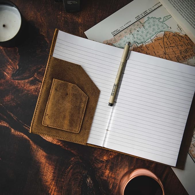 Modest Goods Refillable Leather Journal | Premium Lined A5 Notebook Cover | 200 Ruled Writing Pages | Card Holder Slot | Leather Bound Journals for Men & Women, Best Gift Travel Diary, Cool Planner