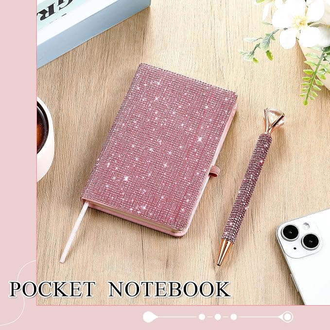 Rhinestone Pen & Glitter Notebook Set, Hard Cover Bling Diary Journal for Girls, Cute School Supplies for Back to School, Sparkly Desk Accessories Gift for Women(Rhinestone,A6,Pink)