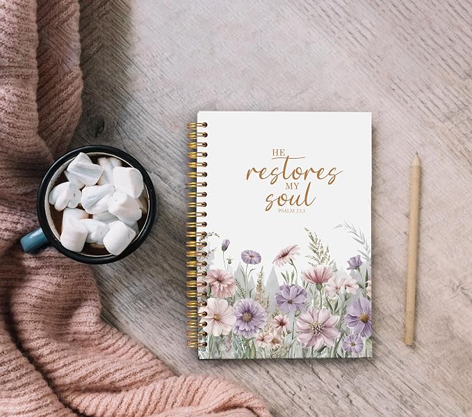 Christian Notebook for Women, Christian Gifts Journal, Prayer Journal for Women, Bible Journaling Notebook, PSALM 23:3 He Restores My Soul Floral Spiral Notebook 5.5x8.3