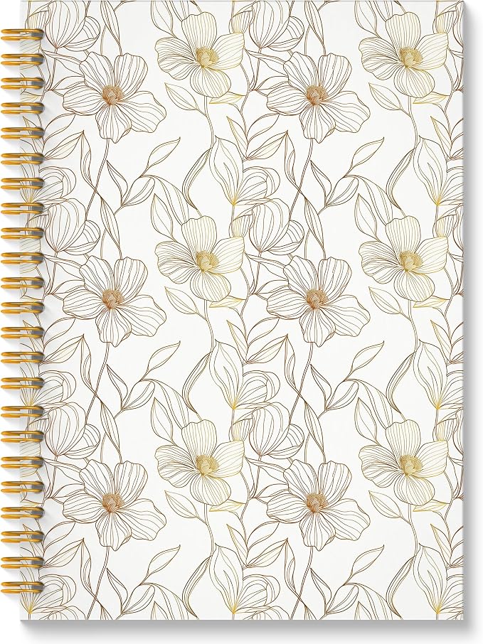ROXMART Beige and Gold Floral Spiral Notebook, Neutral Elegant Flower Plant Journal, Retro Minimalist Line Art Botanical Hardcover Notebook Journal, 5.5x8.3 Inch