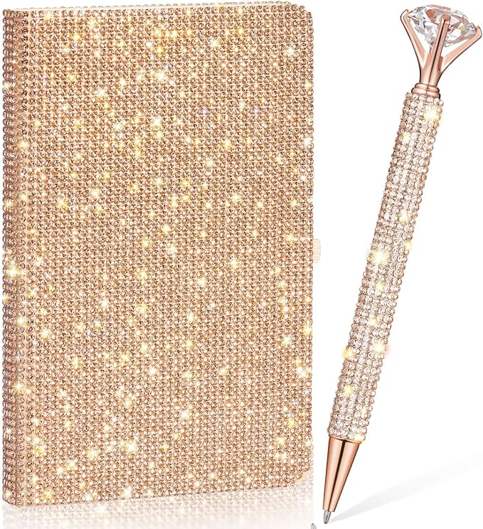 Rhinestone Pen & Glitter Notebook Set, Hard Cover Bling Diary Journal for Girls, Cute School Supplies for Back to School, Sparkly Desk Accessories Gift for Women(Rhinestone,A6,Rose Gold)