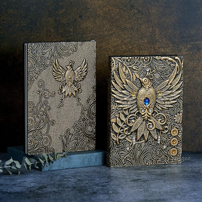 Vintage 3D Phoenix Embossed Leather Writing Journal with Diamond Pen Set,A5,200Pages,Antique Handmade Daily Notepad Sketchbook,Travel Diary&Notebook to Write in,for Women Men