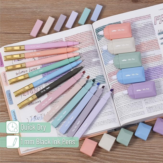 Mr. Pen- Aesthetic Highlighters and Ballpoint Pens No Bleed, 17 Pack | Aesthetic Correction Tapes, Bible Highlighters and Pens No Bleed, Fast Dry and No Smear for Bible Journaling, School Supplies
