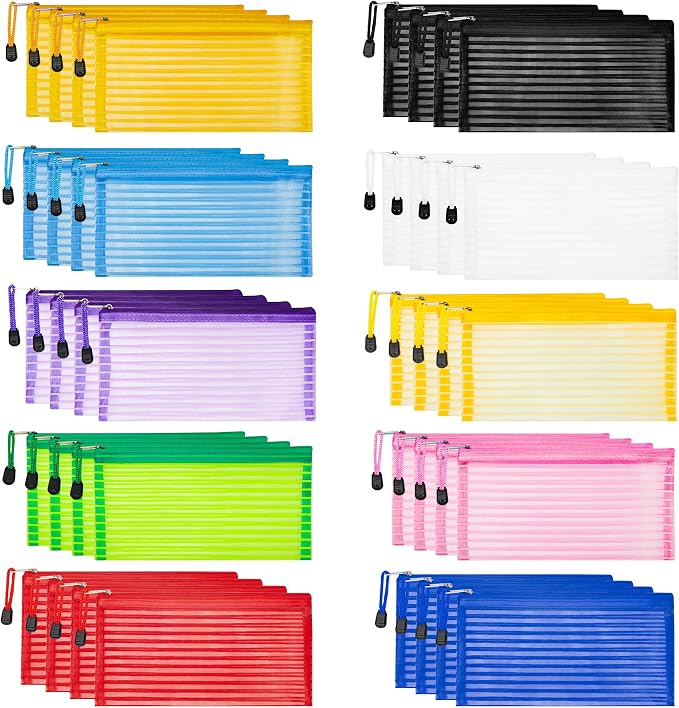 JARLINK Zipper Mesh Pouch, 40 Pcs multi-use Pencil Bags in 10 Colors | Multipurpose Pencil Pouch Bulk for School, Office Supplies, Cosmetics, Makeup&Travel Accessories, Solid Color