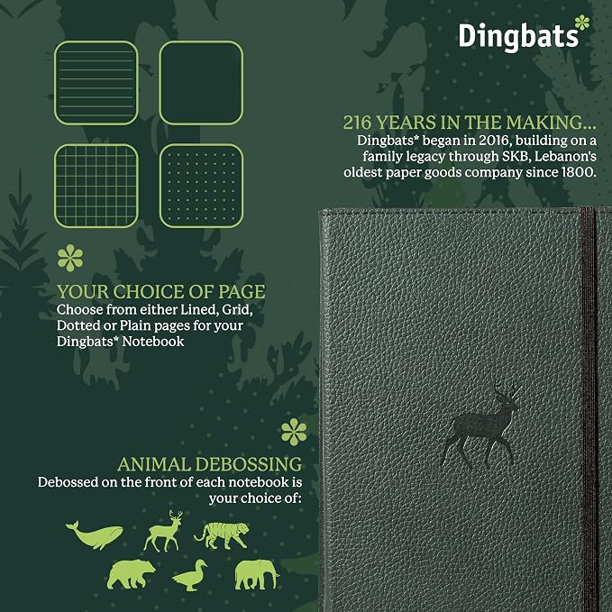 Dingbats* Wildlife Grid Writing Journal Notebook A5 - Vegan Leather Hardcover - Ideal for Work, Travel - Pocket, Elastic Closure, & Bookmark