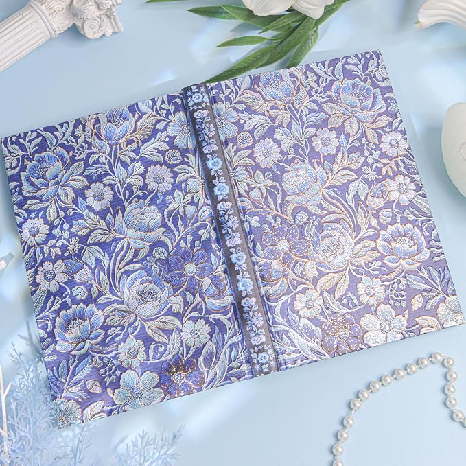 Hardcover Lined Journal - 224 Pages 100GSM Thick Paper A5 Notebook with Gilded Edges, Elegant Blue Damask Floral Pattern, Classic Aesthetic Diary for Women