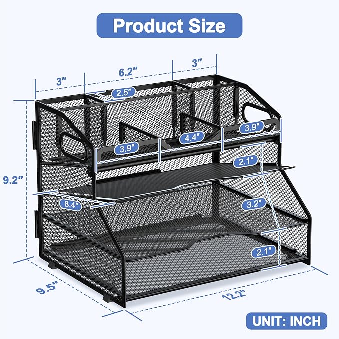 4 Tier Metal Desk Organizer with Magazine File Holder, Black | Space saving workspace desk file trays. Includes pencil holder and portable handles. Ideal for school and office supplies