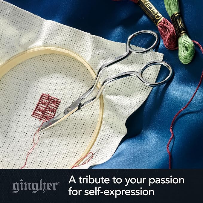 Gingher 6" Double-Curved Embroidery & Applique Scissors for Crafting | Extra Long Handles Curve Over Embroidery Hoops, Sharp & Durable Forged Steel Blades Cut Threads Close to Fabric