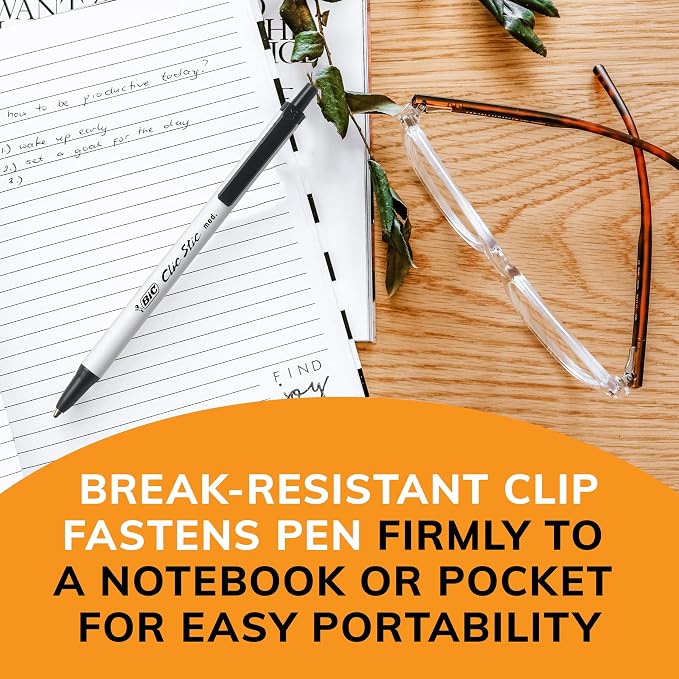 BIC Clic Stic Black Retractable Ballpoint Pens, Medium Point (1.0mm), 12-Count Pack, Round Barrel Design for Comfortable Writing
