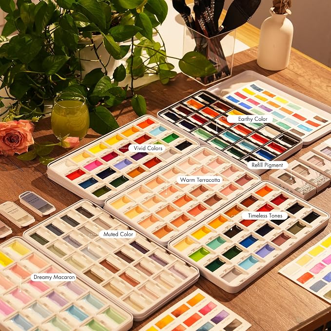 Fuumuui 24-Color Opaque Semi-Solid Watercolor Paint Set - Timeless Tones Professional Art Supplies with Strong Pigments & Coverage, for Artists Beginner Painters Amateur Hobbyists Painting
