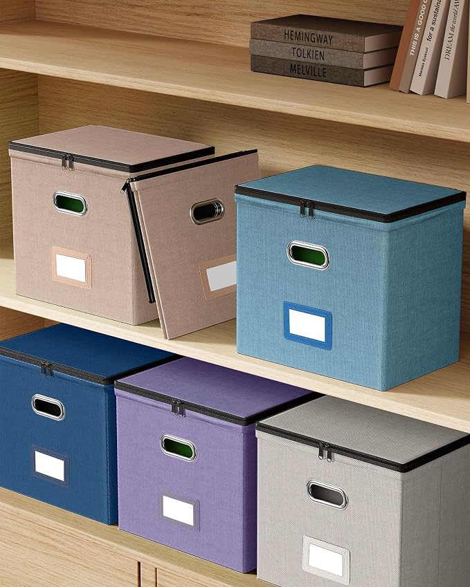 Oterri File Box Small 1-Pack Mesh Pockets Hanging Organizer for Letter-Size | Dustproof Lid. 3 Mesh Pockets. Collapsible Scratch-Resistant GRS Linen. Slide Rails. Office, Home, Dorm