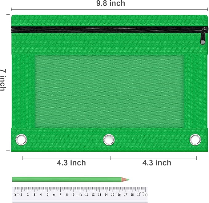 Pencil Pouch for 3 Ring Binder, 2 Pack Pencil Bags with Zipper, Green Pencil Case for Classroom School Office Supplies, Large Sturdy and Durable Cloth Pencil Pocket for 3 Holder Binder