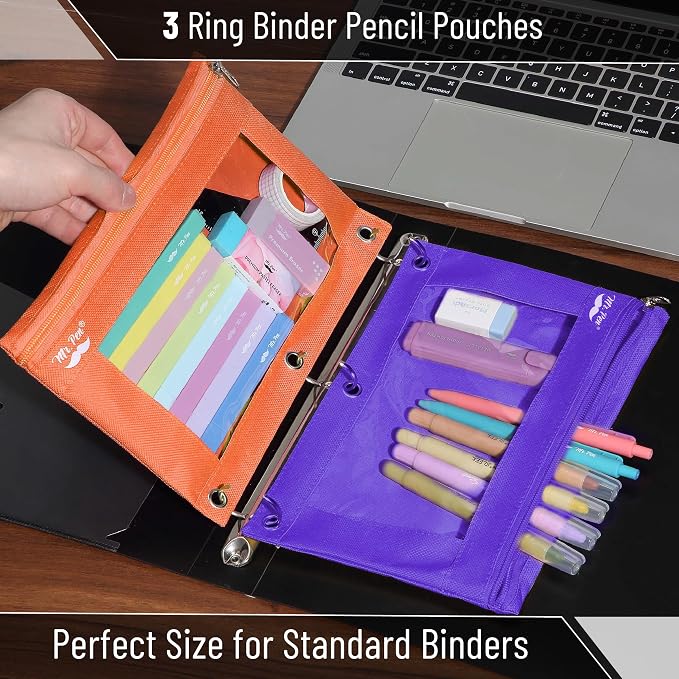Mr. Pen- Pencil Pouch for 3 Ring Binder, 2 Pack, 10"x6.75", Smooth Zipper | Clear Window, Large Capacity Pencil Case with 3 Reinforced Grommets for School, Office, Supplies Storage | Clear Window, Large Capacity Pencil Case with 3 Reinforced Grommets f...