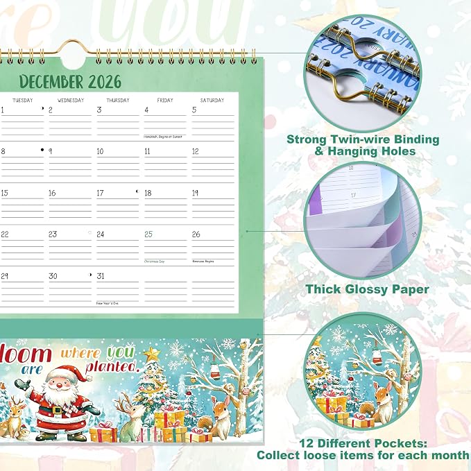 Wall Calendar 2026-2027 - Jul 2026 - Dec. 2027, 18 Monthly Calendar 2026-2027 with Pockets, 12" x 12", with Ample Ruled Space, Holidays, 2-Sided Pockets, 12 Seasonal Calendar, Great for Home & Office