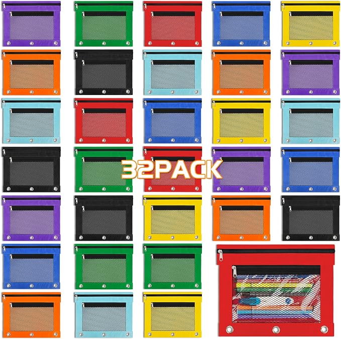 IKAYAS 32 Pcs Pencil Pouch for 3 Ring Binder with Zipper for Classroom Bulk Pencil Case for Storing School Teacher Supplies