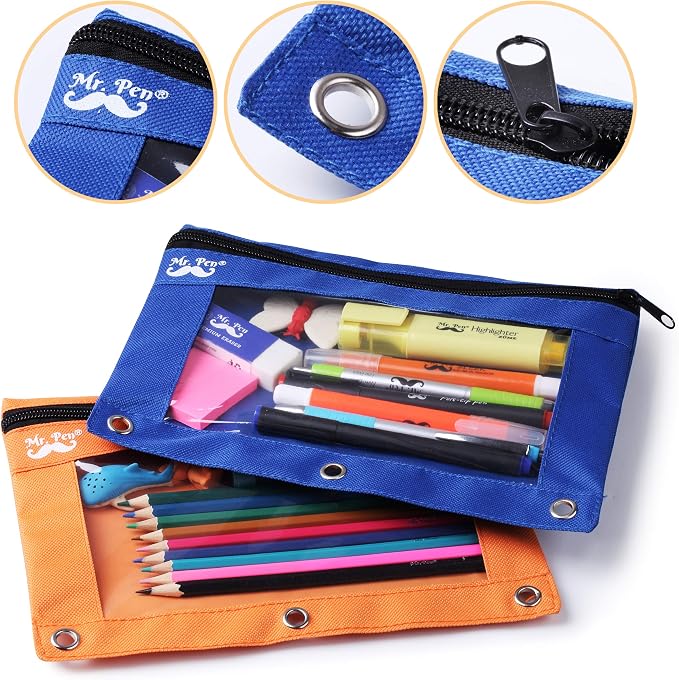Mr. Pen- Pencil Pouch for 3 Ring Binder, 2 Pack, 10"x6.75", Smooth Zipper | Clear Window, Large Capacity Pencil Case with 3 Reinforced Grommets for School, Office, Supplies Storage | Clear Window, Large Capacity Pencil Case with 3 Reinforced Grommets f...