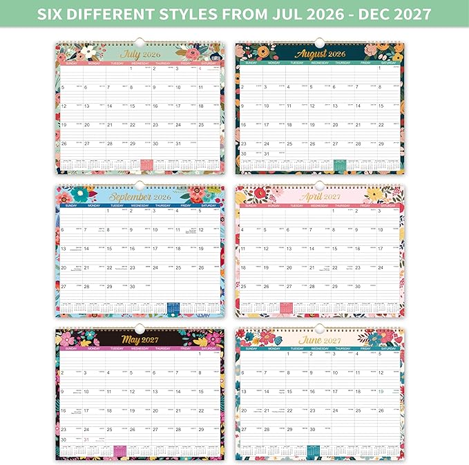 Calendar 2026-2027 - Wall Calendar 2026-2027, Jul.2026 - Dec.2027, 26-27 Wall Calendar 18 Month, 15" x 11.5", Twin-Wire Binding, Julian Dates, Large Block, Notes, To-do List, Thick Paper, Perfect for Organizing - Floral