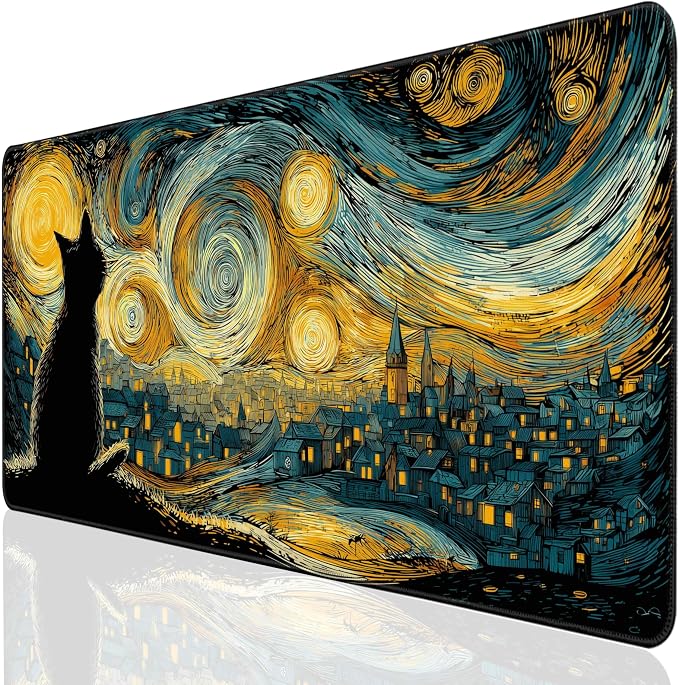 Desk Cover Mat, Extended Large Anime Mouse Pad, Computer Laptop Mat Desk Decor for Office Game Home 31.5 X 15.7 Inch (Starry Night Cat)