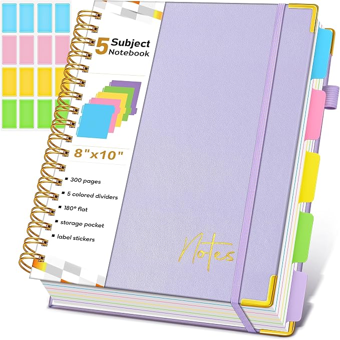 5 Subject Blank Notebook with Removable Dividers Tabs, 300 Pages Hardcover Leather Sketch Book Spiral Journal, 8"x10" B5 Large Sketchbook Notebooks for Women Men Work School Sketching Drawing, Purple