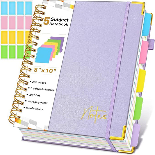 5 Subject Blank Notebook with Removable Dividers Tabs, 300 Pages Hardcover Leather Sketch Book Spiral Journal, 8"x10" B5 Large Sketchbook Notebooks for Women Men Work School Sketching Drawing, Purple