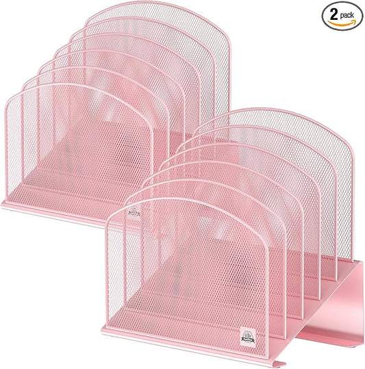 Delifox Inclined Desk File Organizer,Vertical File Folder Holder Stand Metal Rack File Sorter for Office Classroom Desktop Organization (2, Pink, 5)