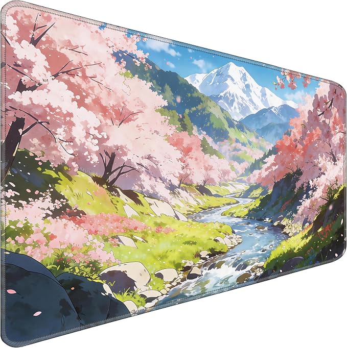 Cherry Blossom Anime Large Gaming Mouse Pad, 31.5x15.7 Inch, Non-Slip Rubber Base, Stitched Edges, Waterproof Desk Mat