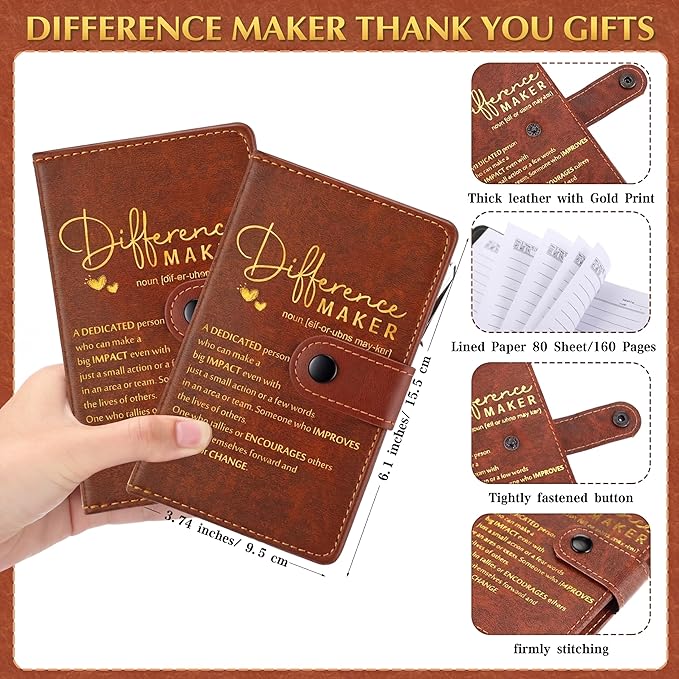 Marspark 30 Sets Difference Maker Appreciation Gifts for Men Inspirational A5 Leather Notebooks with Pens Employee Thank You Gifts for Men Women Coworker Nurse Teacher Back to School (Brown)