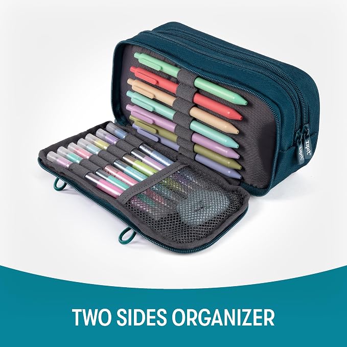 ZIPIT Half & Half Pencil Case, 3 Compartment Zipper Pouch for School, Stationery Bag for Teen Girls Boys and Adults, Teal