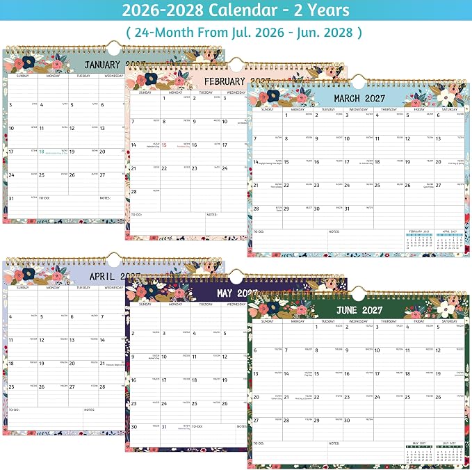 Wall Calendar 2026-2028 – 2 Year Calendar 2026-2028, Jul 2026 – Jun 2028, 14.57 x 11.42 In, 2026 Calendar 24 Months, Monthly Calendar 2026, with Ruled Blocks, Thick Paper, Holidays, To-do List ＆ Notes
