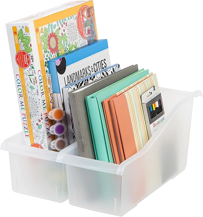 IRIS USA 8-Pack, Connecting Book Bin Organizer Magazine Holder, Clear | Organize books, magazines, notebooks, binders, and school supplies with vertical storage and connecting design