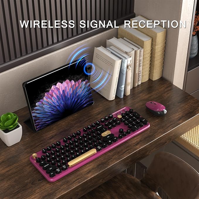 Colorful MPTOG Wireless Computer Keyboard and Mouse Combo (Black-Claret) | Retro Round Typewriter Keycaps, Power Switch, Ergonomic Design, 2.4GHz Wireless for Windows, Mac, PC