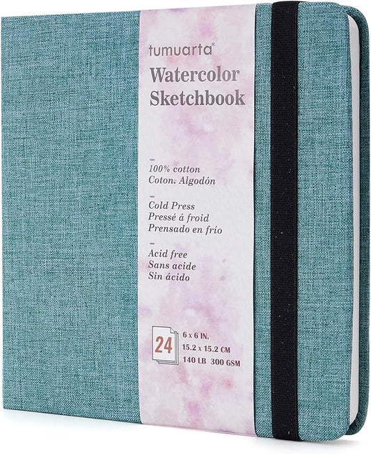 tumuarta Watercolor Sketchbook, 6x6”, 140 LB, 300GSM, 100% Cotton Paper | Cold Press, 24 Sheets,48 Pages, Plein Air Watercolor Journal For Use As Sketch book and Mixed Media Pad On The Go