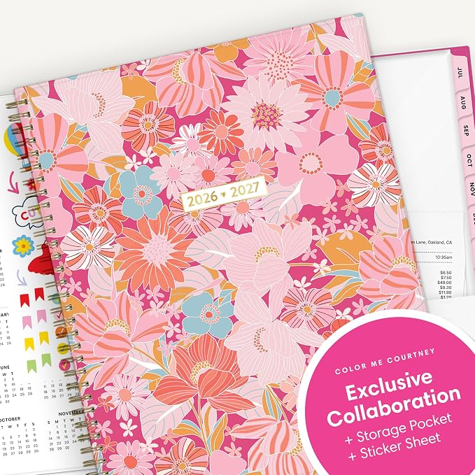 Blue Sky 2026-2027 Weekly & Monthly Academic Planner, 8.5"x11", Bloom Pink | July 2026 - June 2027, Flexible Cover, Wirebound, Laminated Tabs, Storage Pocket, Stickers, Academic Year, Color Me Courtney
