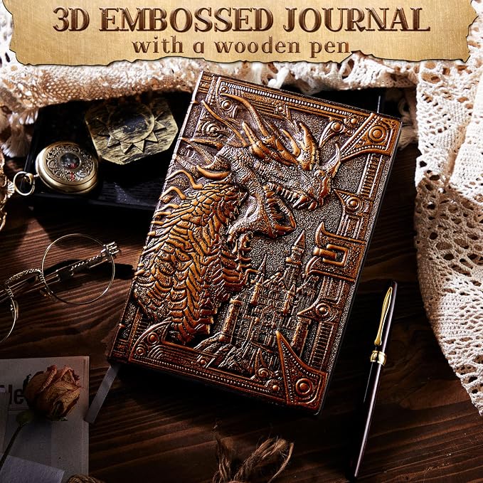 Dragon Journal Embossed Leather Journal Writing Antique Dragon Journal Notebook with Pen Lined Paper Hardcover Gift Journal Notebook Executive Notebook Travel Diary for Women Men, A5 (Dark Red)