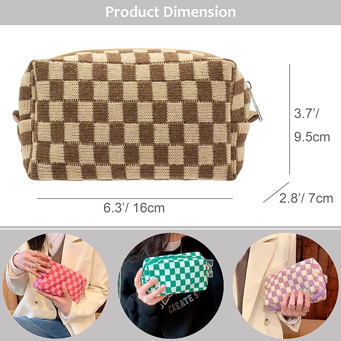 Checkered Makeup Bag for Purse, Small Travel Cosmetic Pouch,Coffee,2 Pack | Cute Zipper Makeup Organizer for Women, Travel Essentials, Toiletries, Makeup Brushes, Beauty Accessories&Bridesmaid Gifts
