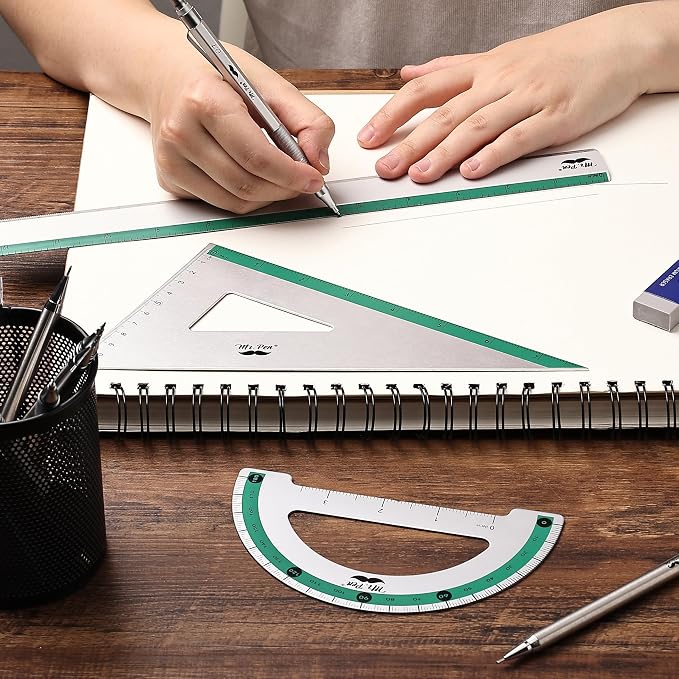 Mr. Pen- Metal Geometry Kit, 4 Pack, 45° & 30°/60° Set Squares | 6" Protractor & 12" Ruler, Durable Metal Drafting Tools for Technical Drawing, Math, Engineering & Architecture