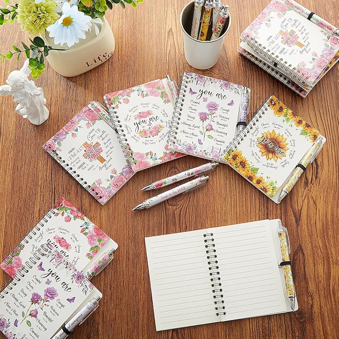 Colarr 12 Sets Christian Notebooks Bulk Christian Gifts for Women Pen and Notebook Gift Set Religious Prayer Journal for Woman Church Scripture Note Books with Bible Verse Pens(Floral Border)