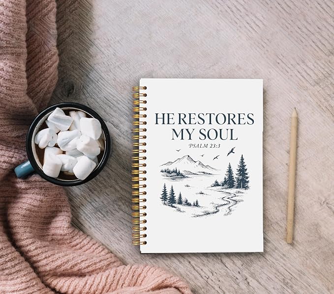Mountain Christian Notebook Journal, Psalm 23:3 Bible Notebook for Note Taking, Christian Gifts for Women Men, He Restores My Soul Religious Spiral Journal 5.5x8.3 Inch