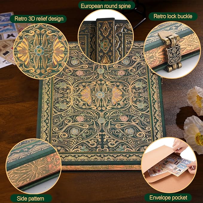 Retro 3D Hot Stamping Green Butterfly Flower Cover Notebook,Contains 96 Sheets/192 Blank Lines Lined Journal,With Envelope Pocket Journal,Suitable As A Notebook,Travel Diary,Wedding Anniversary.