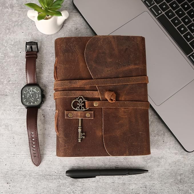 Leather Journal with Deckle Edge Paper 8x6 inch and Vintage Key | Handmade Writing Notebook Diary | Bound Daily Notepad for Men & Women Medium, Sketch/Writing pad for Artists